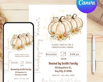 Invitación para la cena de Acción de Gracias, plantilla de invitación "Demos gracias", invitación de Acción de Gracias, invitación imprimible de Acción de Gracias, invitación de calabaza