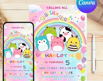 Invitación de cumpleaños editable con temática de Squish, imprimible para fiesta de cumpleaños con temática de Squish, Squishy, Malvavisco, invitación de cumpleaños para niñas, digital