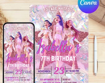 Invitación de cumpleaños de Cazadores de Demonios del K-pop, invitación editable para fiesta de K-pop, tarjeta digital con temática de BTS, decoración de fiesta de cumpleaños de Cazadores de Demonios para fans