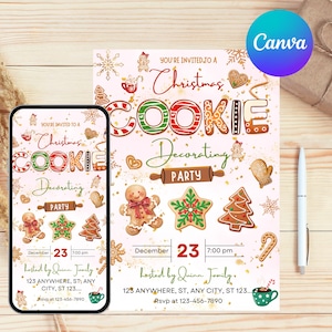 May include: A Christmas cookie decorating party invitation with a festive design. The invitation features gingerbread cookies, snowflakes, and the text "Christmas Cookie Decorating Party." The date and time are displayed, along with RSVP information. A phone displays the same invitation.
