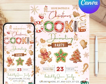Convite para Festa de Biscoitos de Natal, Convite para Festa de Decoração de Festas, Convite para Festa de Fim de Ano, Festa de Biscoitos de Gengibre, Modelo Editável do Canva