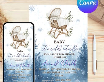 Invitación para baby shower "Bebé, hace frío afuera" Invitación para baby shower de Navidad Invitación para baby shower de invierno Invitación para baby shower con árboles nevados
