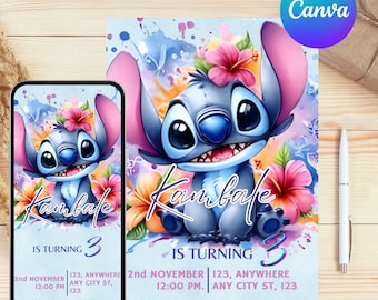 Plantilla editable de invitación para fiesta de cumpleaños de Stitch, invitación para fiesta de cumpleaños en la piscina de Stitch, invitación de cumpleaños de Stitch, invitación de cumpleaños de dibujos animados