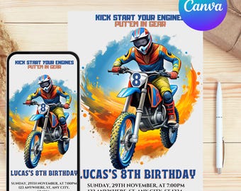 Invitación de cumpleaños editable de motocross, plantilla de carreras de motocross, tema de fiesta de aventura de motocross de Evite, descarga instantánea, invitación de motocicleta