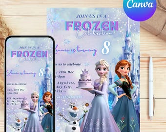 Invitación de cumpleaños de Frozen/Invitación editable de Elsa para fiesta de Frozen/Cumpleaños de nieve invernal imprimible/Plantilla Canva editable de descarga instantánea
