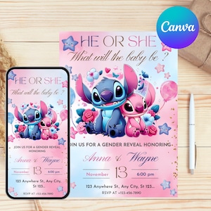 May include: A gender reveal invitation featuring Stitch and Angel characters. The invitation is pink and blue with text that reads "He or She, What will the baby be?" and event details.