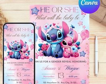 Plantilla editable de invitación para revelación de género con Stitch, invitaciones electrónicas para revelación de género con Stitch (Angel Stitch) en Canva, invitaciones imprimibles para baby shower con Stitch rosa y azul