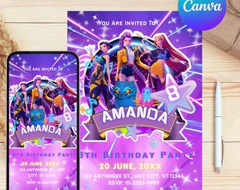 Invitación de Cazadores de Demonios de KPOP, invitación de cumpleaños de Cazadores de Demonios de KPOP, invitación de cumpleaños editable de K-Pop, invitación de Guerreros del K-Pop