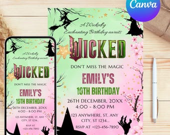 Invitación editable de Wicked, plantilla de invitación editable de cumpleaños de Wicked, invitación de cumpleaños de Wicked, fiesta de cumpleaños de Wicked, descarga digital