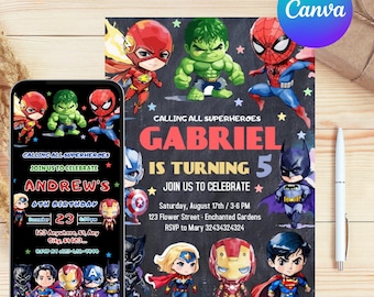 Invitación de cumpleaños de superhéroe editable/Invitación de cumpleaños de superhéroe/Fiesta de cumpleaños de los Vengadores/Invitación de Spiderman y Batman/Invitación para niños/Canva
