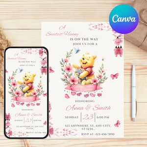 May include: A baby shower invitation featuring Winnie the Pooh. The design includes the text "A Sweetest Hunny" and "Baby Shower", along with the names Anna & Smith, date, time, and RSVP information. The invitation is decorated with pink flowers and butterflies.