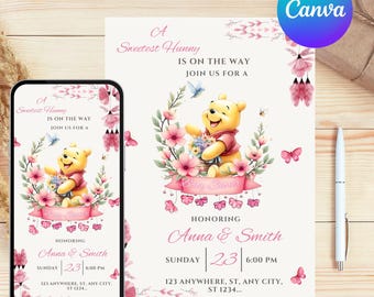 Editable Winnie the Pooh Baby Shower Invitation, Digital Invitation Oh girl, Blue Winnie The Pooh Invitation, Canva Editable