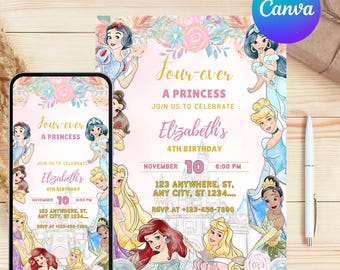 Invitación de cumpleaños de princesa para cuatro personas Invitación de princesa Invitación de fiesta de princesa Invitación de princesa para niña Oro Rosa EDITABLE Digital instantáneo
