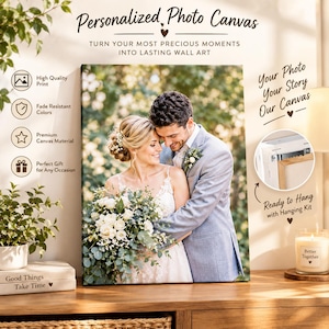 May include: A rectangular personalized photo canvas featuring a wedding couple embracing. The text reads Personalized Photo Canvas, Turn Your Most Precious Moments Into Lasting Wall Art, Your Photo Your Story Our Canvas, and Ready to Hang.