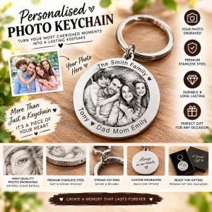 Könnte beinhalten: Ein runder Schlüsselanhänger aus Edelstahl mit einer individuellen Fotogravur einer Familie auf der Vorderseite und einem Metallring. Der Anhänger trägt die Aufschrift The Smith Family, Tony, Dad, Mom und Emily. Die Rückseite zeigt Always in our hearts.