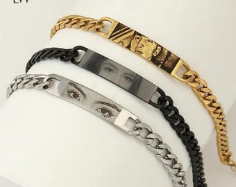 Custom Eyes Photo Bracelet, Personalized Lover Eye Bracelet, Engraved Picture Bracelet Stainless Steel, Couple Gift Valentine Jewelry