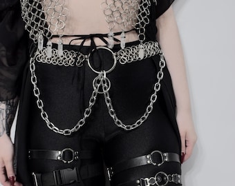 O-Ring Kettengeflecht Gothic Ledergürtel: Silber Handgewebte Mittelalter-Stil Taille Accessoire INVICTUS