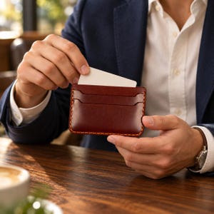 May include: A rectangular dark brown leather card holder featuring two horizontal slots and thick, contrasting orange stitching along the edges. A plain white rectangular card is partially inserted into the top slot of the leather accessory.