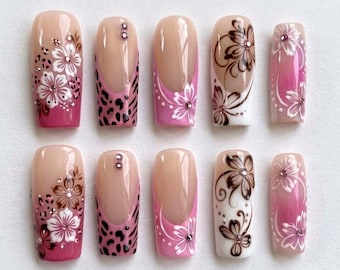 Unhas postiças florais rosa estilo anos 2000, francesinha com estampa de leopardo, unhas reutilizáveis ​​pintadas à mão, unhas postiças quadradas, unhas de gel personalizadas.