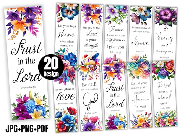 20 Bible Verse Bookmark Bundle, Printable Floral Christian Bookmarks, Inspirational Scripture Bookmarks, Printable Christian Bible Quote PNG
