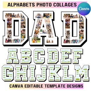 Plantilla de letras del alfabeto para collage de fotos de papá, archivo editable de Canva, regalo para el Día del Padre, guion gráfico conmemorativo, diseño de fuentes de Canva
