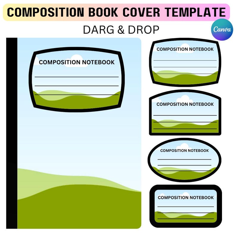 Puede incluir: Plantilla de portada de cuaderno de composici&oacute;n con un dise&ntilde;o de paisaje. El dise&ntilde;o incluye un cielo azul, colinas verdes y las palabras "COMPOSITION BOOK COVER TEMPLATE" y "DARG & DROP". Se muestran varias variaciones de la portada.