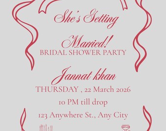 Pink and Red Bridal Shower Invitation Template, Coquette Bow Bridal Party Invite, Elegant Wedding Shower Printable Digital Download