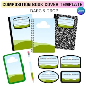 May include: Composition book cover template with the text "DARG & DROP" and "COMPOSITION BOOK COVER TEMPLATE". The image shows several composition notebooks, a pencil, and notebook labels with a landscape design.