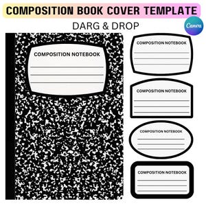 Puede incluir: Plantilla de portada de cuaderno de composici&oacute;n con un dise&ntilde;o moteado en blanco y negro. La imagen incluye el texto "COMPOSITION BOOK COVER TEMPLATE" y "DARG & DROP". Tambi&eacute;n hay varias plantillas de etiquetas de cuadernos de composici&oacute;n.