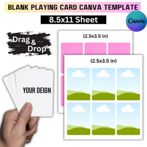 Könnte beinhalten: Eine Vorlage für leere Spielkarten von Canva mit dem Text "BLANK PLAYING CARD CANVA TEMPLATE" und "8.5x11 Sheet". Das Bild zeigt eine Hand, die leere Karten hält, und zwei Blätter mit Kartenumrissen, jeweils 6,35 cm x 8,89 cm. Der Text "Drag & Drop" ist ebenfalls sichtbar.
