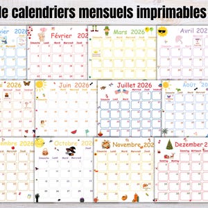 Peut inclure: Un ensemble de calendriers mensuels imprimables pour 2026. Chaque calendrier présente un mois différent avec des illustrations colorées et une grille pour la planification quotidienne.