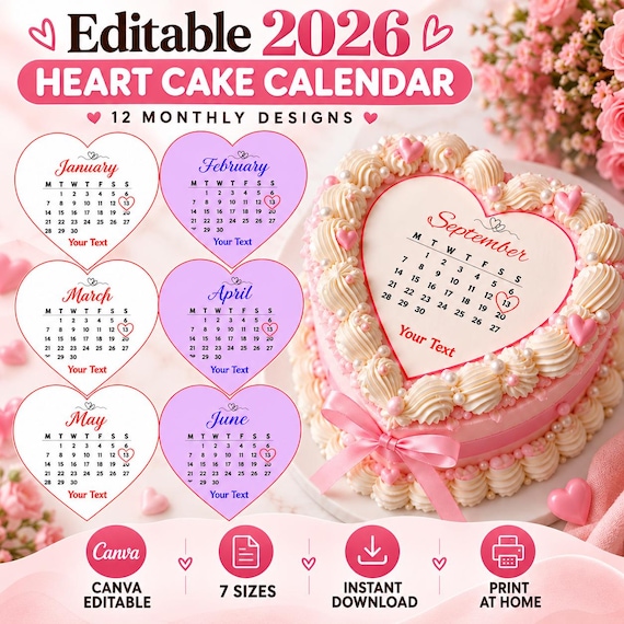 2026 Custom Calendar Heart Cake Topper | Burn Away Cake Topper Template | Printable Birthday Cake Topper | Canva Editable | Digital Download