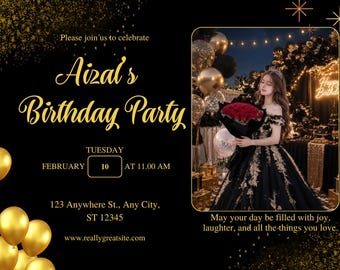 Black & Gold Birthday Party Invitation, Editable Birthday Invite Template, Luxury Glam Woman Birthday Digital Download, Canva Template