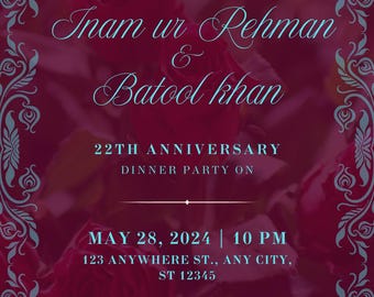 Editable Wedding Anniversary Invitation Template, Rose Floral Anniversary Invite, Printable Dinner Party Invitation, Instant Download