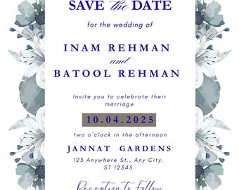 Digital Save the Date Template, Blue Floral Wedding Invitation, Printable Wedding Invite, Editable instant Download, Elegant Floral Card