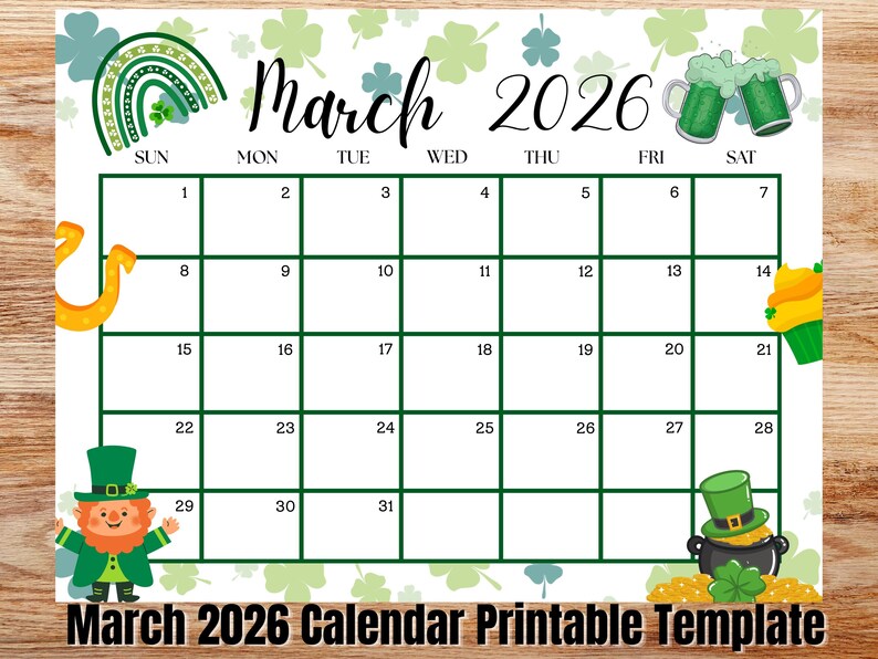 Editable March 2026 Calendar | Printable Rainbow Planner | St. Patrick ...