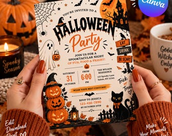 Może przedstawiać: Prostokątne zaproszenie na imprezę Halloween z białym tłem oraz pomarańczowymi i czarnymi ilustracjami ducha, trzech ułożonych w stos dyń, czarnego kota, nawiedzonego domu, nietoperzy i pajęczyny z napisem Halloween Party.