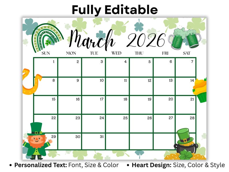 Editable March 2026 Calendar | Printable Rainbow Planner | St. Patrick ...