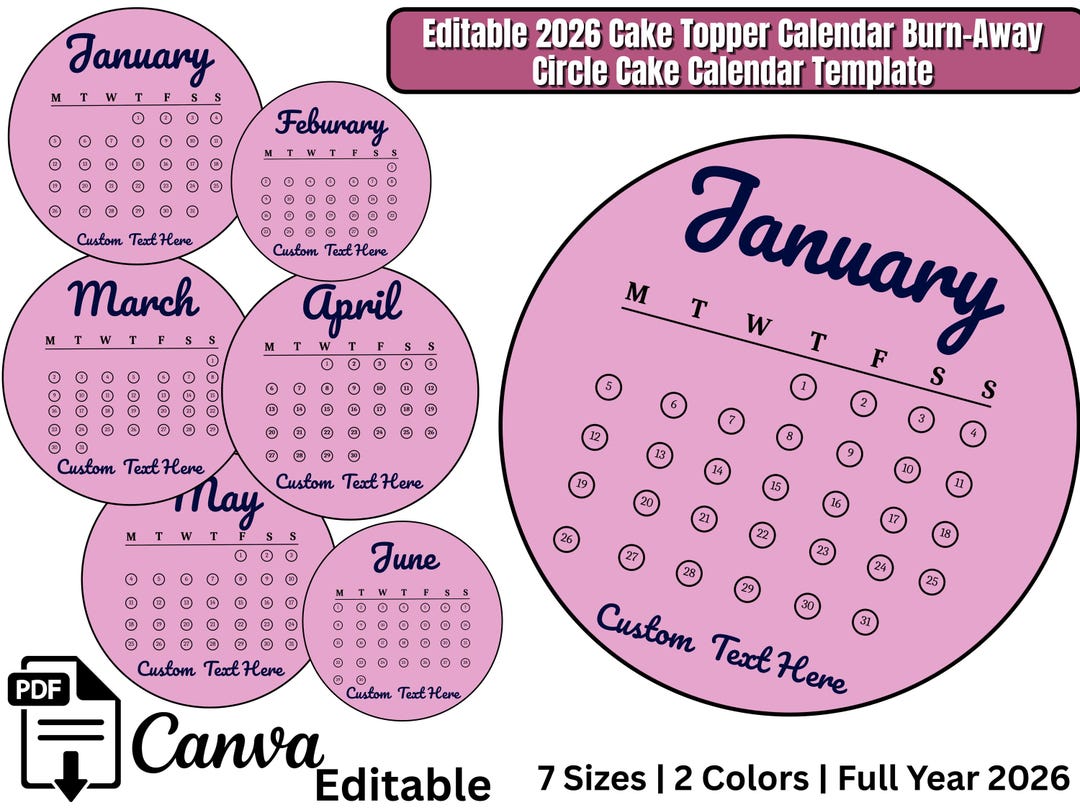 Generic Calendar Topper 2026 Burn Away Cake Topper Calendar Template | Printable Birthday ...