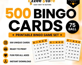 Może przedstawiać: Cyfrowa oferta produktu obejmująca 500 kart do gry w Bingo, wersja 75 kul, od Ezzee Store. Grafika zawiera duży czarny i pomarańczowy tekst, trzy przykładowe karty z liczbami oraz ikony drukowania i pobierania. Tekst zawiera napis Best Seller.