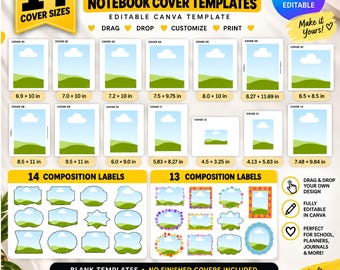 Może przedstawiać: Cyfrowy zestaw produktów zawierający 14 szablonów okładek zeszytów w różnych rozmiarach od 11,43 x 8,26 cm do 21,59 x 27,94 cm oraz 27 ozdobnych etykiet, edytowalnych w programie Canva z funkcją przeciągnij i upuść dla własnych projektów.