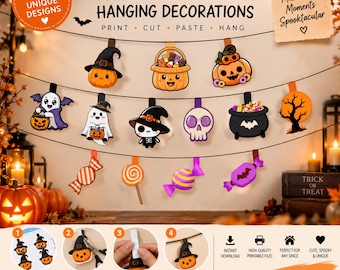 Może przedstawiać: Zestaw 13 wiszących dekoracji na Halloween z ilustracjami dyń, duchów, czaszek i słodyczy. Projekty do druku zawierają instrukcje drukowania, wycinania, klejenia i wieszania. Tekst zawiera napis "Halloween Hanging Decorations".
