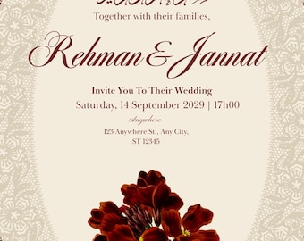 Islamic Wedding Invitation Template Editable, Muslim Marriage Card, Maroon Cream Floral Nikkah Invite, Rehman Jannat Wedding, Digital Dld