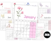 Printable 2026 Calendar Digital Download | Botanical calendar 2026 | Watercolor Flower | Printable Monthly Calendar | Instant Download