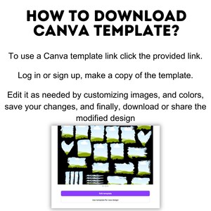 Op de afbeelding: Witte achtergrond met de tekst "HOW TO DOWNLOAD CANVA TEMPLATE?". De afbeelding geeft instructies over het gebruik van een Canva-sjabloon: klik op de link, log in, kopieer, bewerk en download het ontwerp. Een sjabloon wordt getoond.
