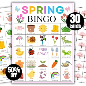 May include: A set of Spring Bingo cards featuring images of spring symbols such as tulips, wellington boots, and a rainbow. The main card reads "Spring Bingo" and "30 cards". A sticker indicates a 50% discount.
