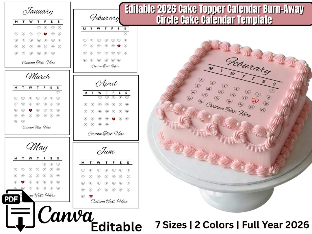 Generic Calendar Topper 2026 Burn Away Cake Topper Calendar Template | Printable Birthday ...