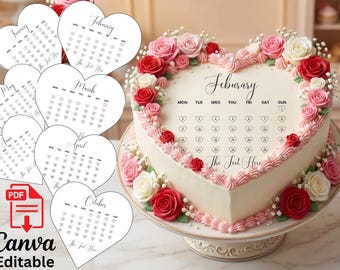 Burn Away Cake Topper Kalender Vorlage 2026 | Valentinstag Cake Topper | 7 Größen Herz-Kalender-Kuchen-Topper | Canva Bearbeitbare Vorlage