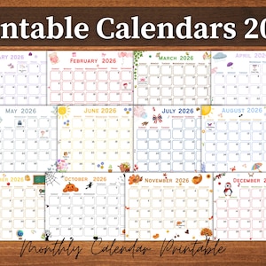 May include: A collection of printable 2026 monthly calendars, each with a unique seasonal theme. The calendars are arranged in a grid format, with each month's name and year displayed at the top. The text "Printable Calendars 2026" and "Monthly Calendar Printable" are also visible.