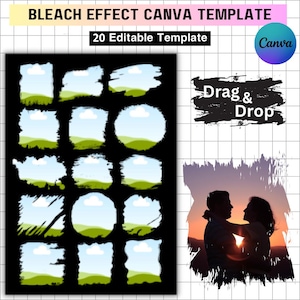 May include: A Canva template with a black background featuring 20 editable templates with a bleach effect. The templates include landscape and sky designs, with the text "Drag & Drop" and a silhouette of a couple at sunset.